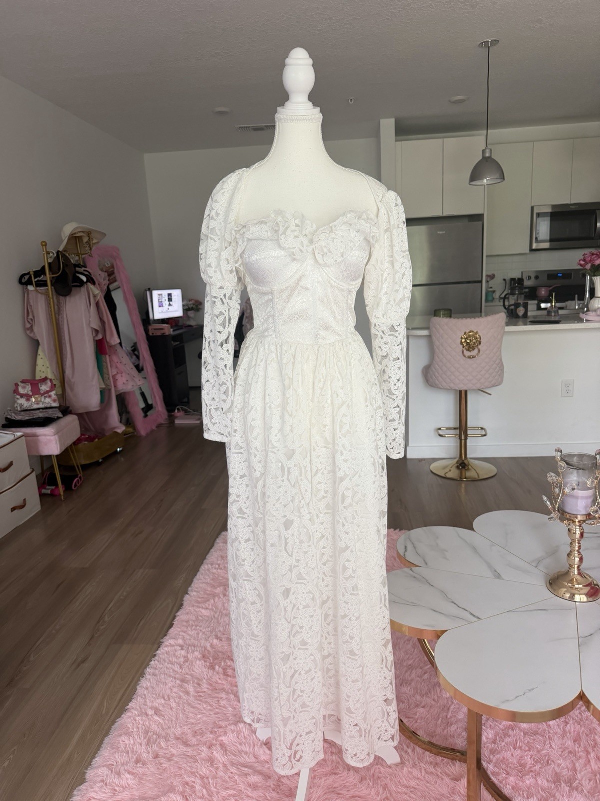 Tailored White Lace Off Shoulder Long Sleeve A-Line Full-Length Dress M