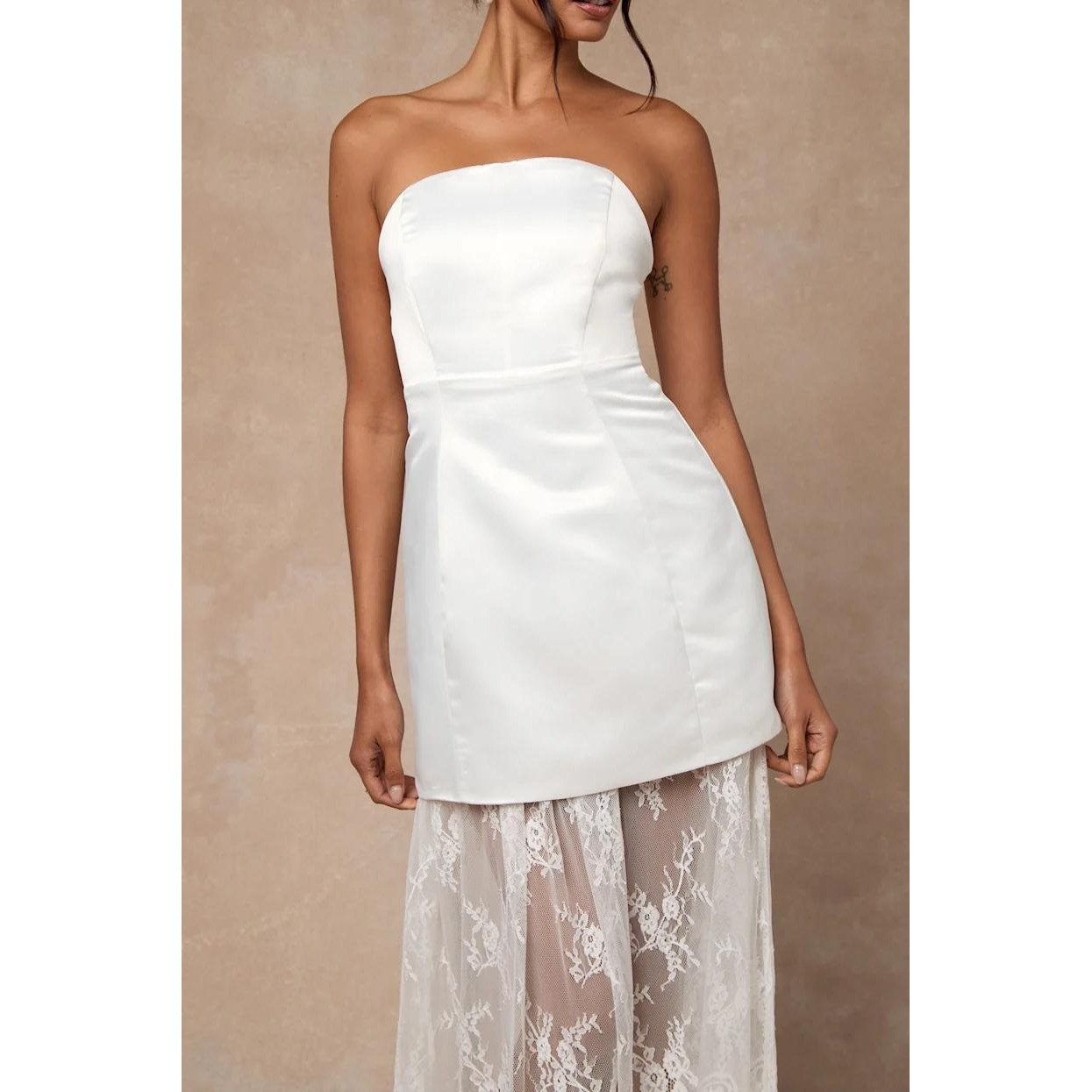 Lulus Winslet White Satin Sheer Hem Strapless Maxi Dress Satin & Lace Bridal XS