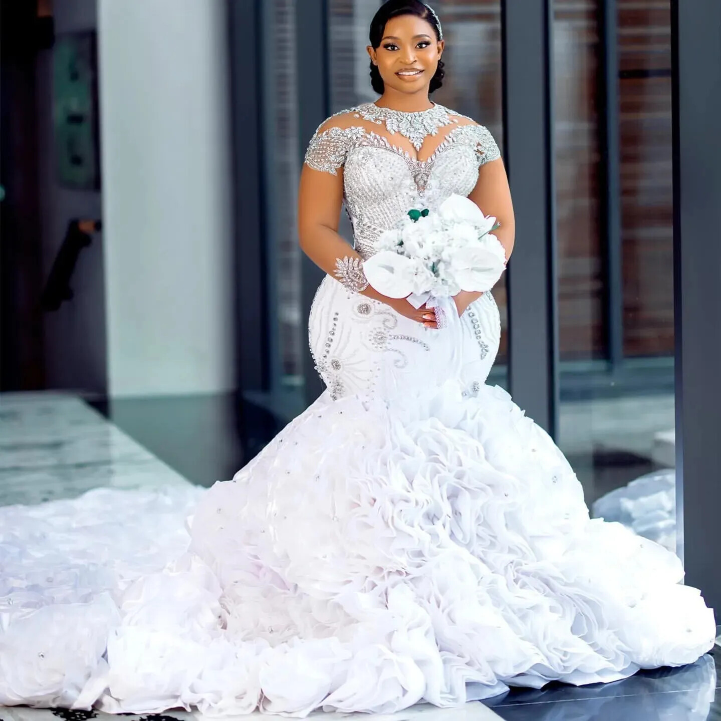 Lace Luxurious Mermaid Wedding Dress Flowers Crystals Tiers Satin Bridal Gowns