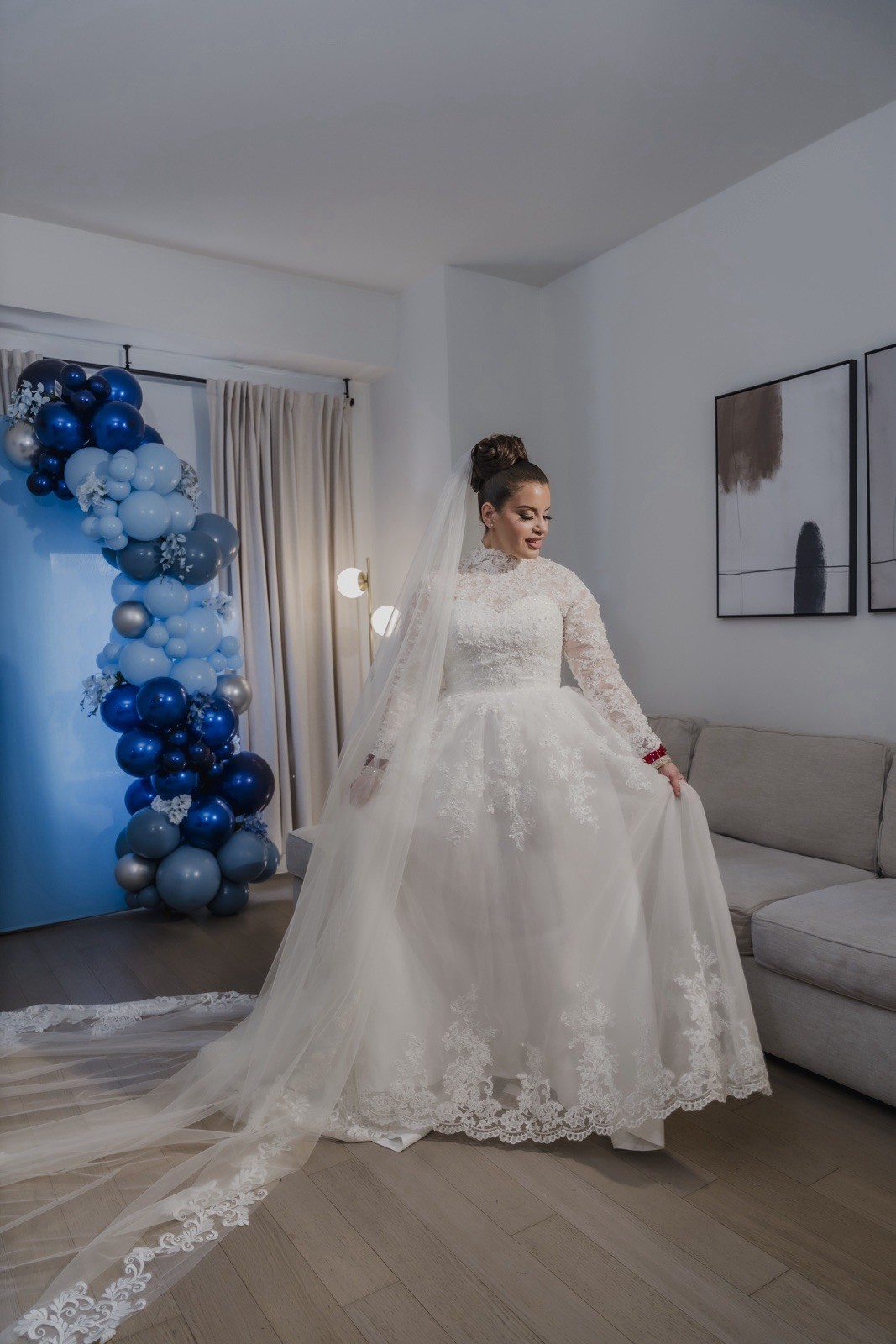 Lace Long Sleeve Royal Ball Gown Dress High Neck Tulle Train – Custom Made