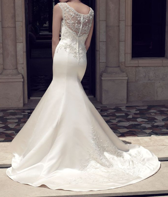 Casablanca 2141 Wedding Dress 12 White Fit & Flare Satin Beaded Illusion Elegant
