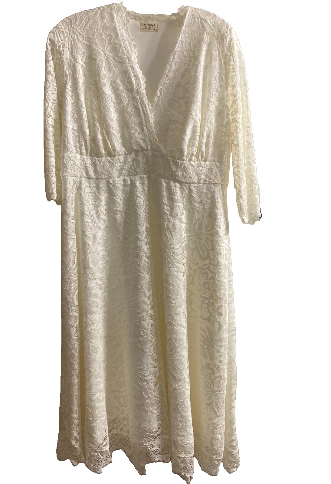 KIYONNA Bridal Ivory Lace V-Neck 3/4 Sleeve A-Line Wedding Dress Plus 1X