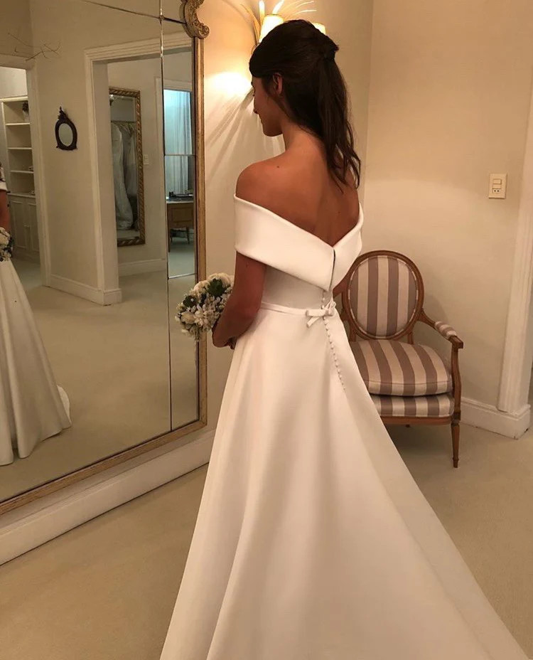 A Line Wedding Dresses Satin Off The Shoulder Sweep Train Zipper With Buttons