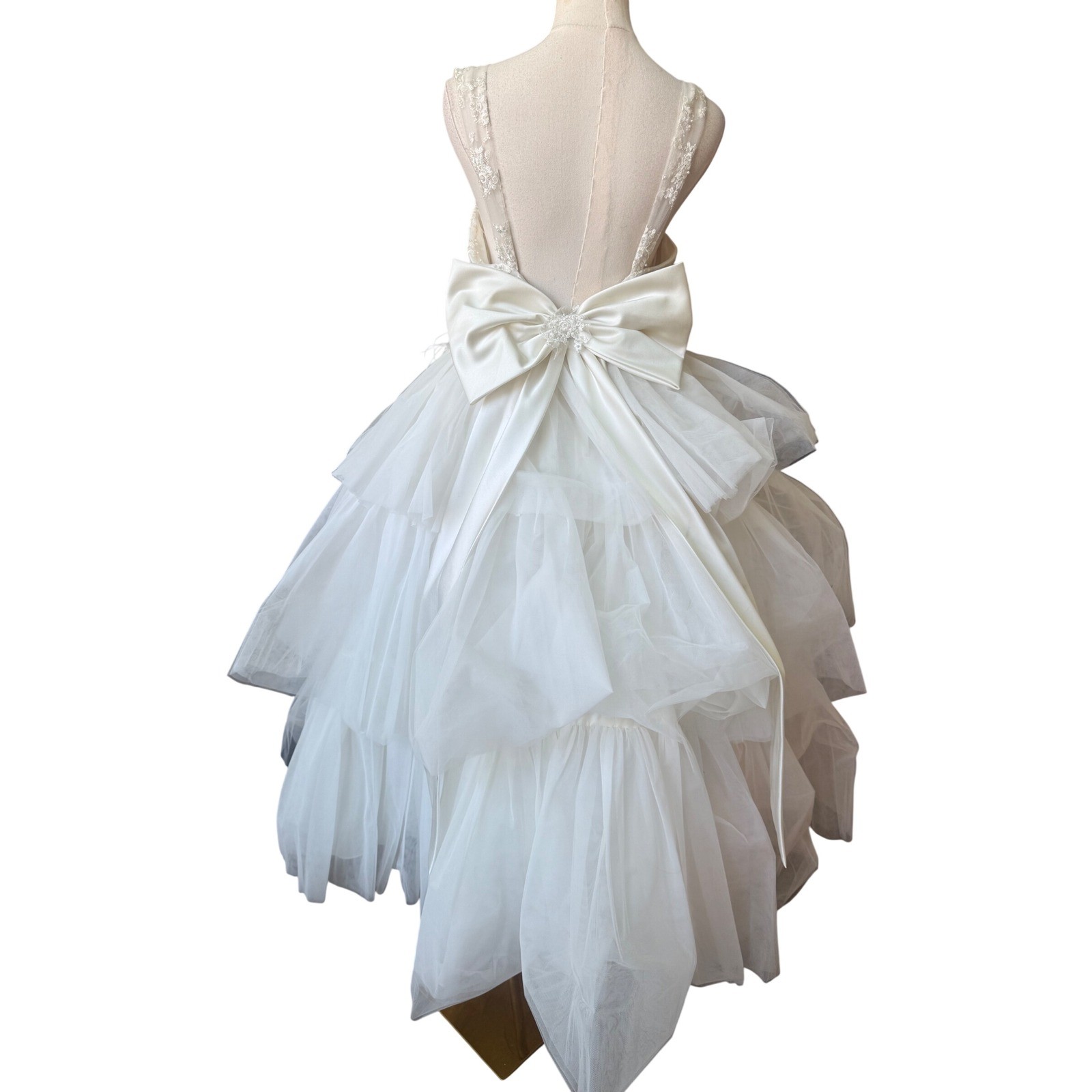 Vintage Tulle Beaded Tiered Ruffle A-Line Tea Length Wedding Dress Size 16 Bow