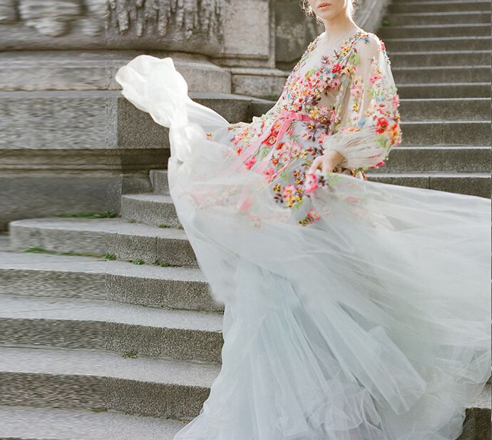 Colorful Wedding Dresses A-line V-Neck Full Sleeves Tulle 3D Flowers Bridal Gown