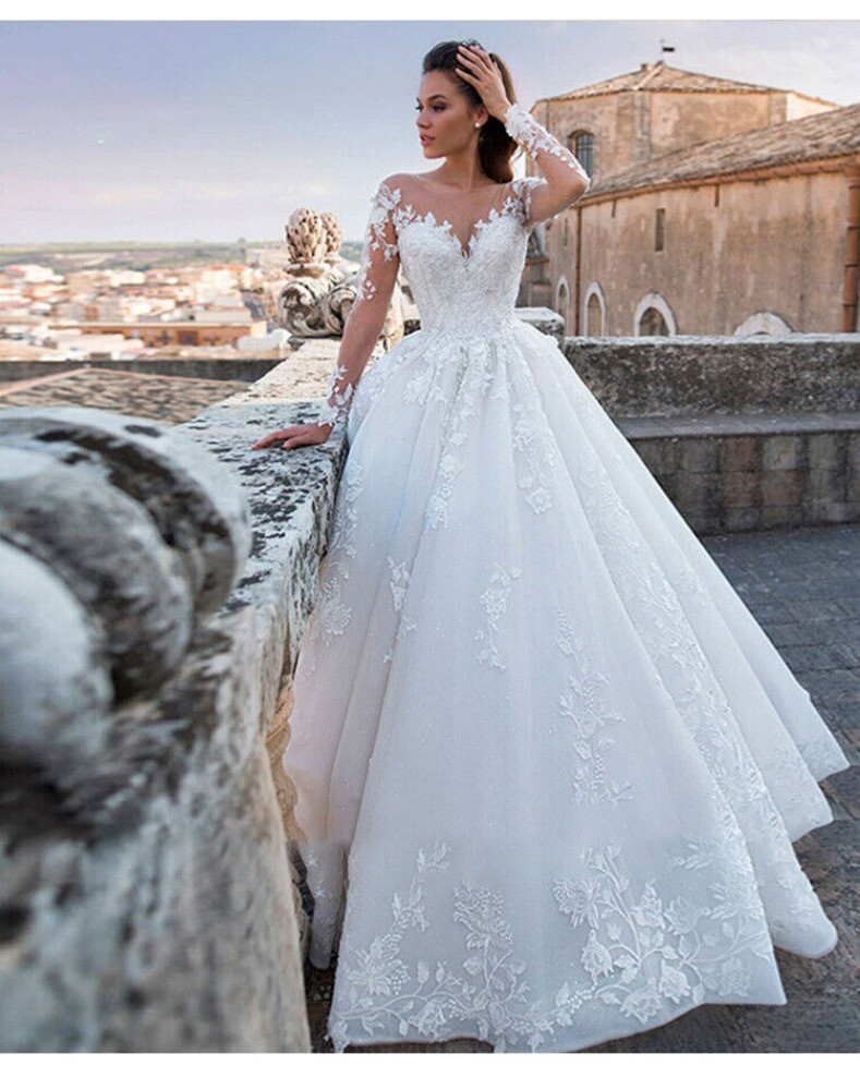 Women Luxury Wedding Dress V-Neck Backless Sexy Bridal Gowns Lace Appliques Robe
