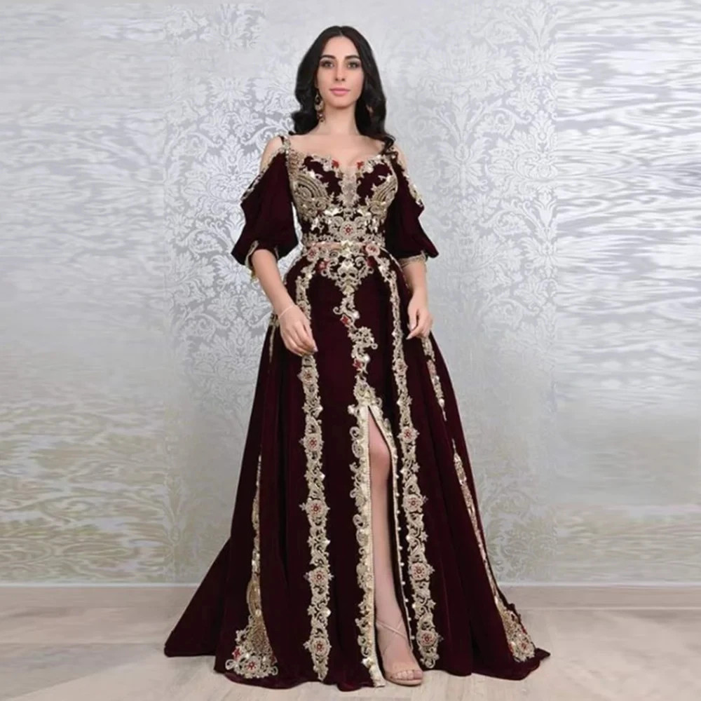 Burgundy Moroccan Caftan Wedding Dresses A-line Half Sleeves Appliques