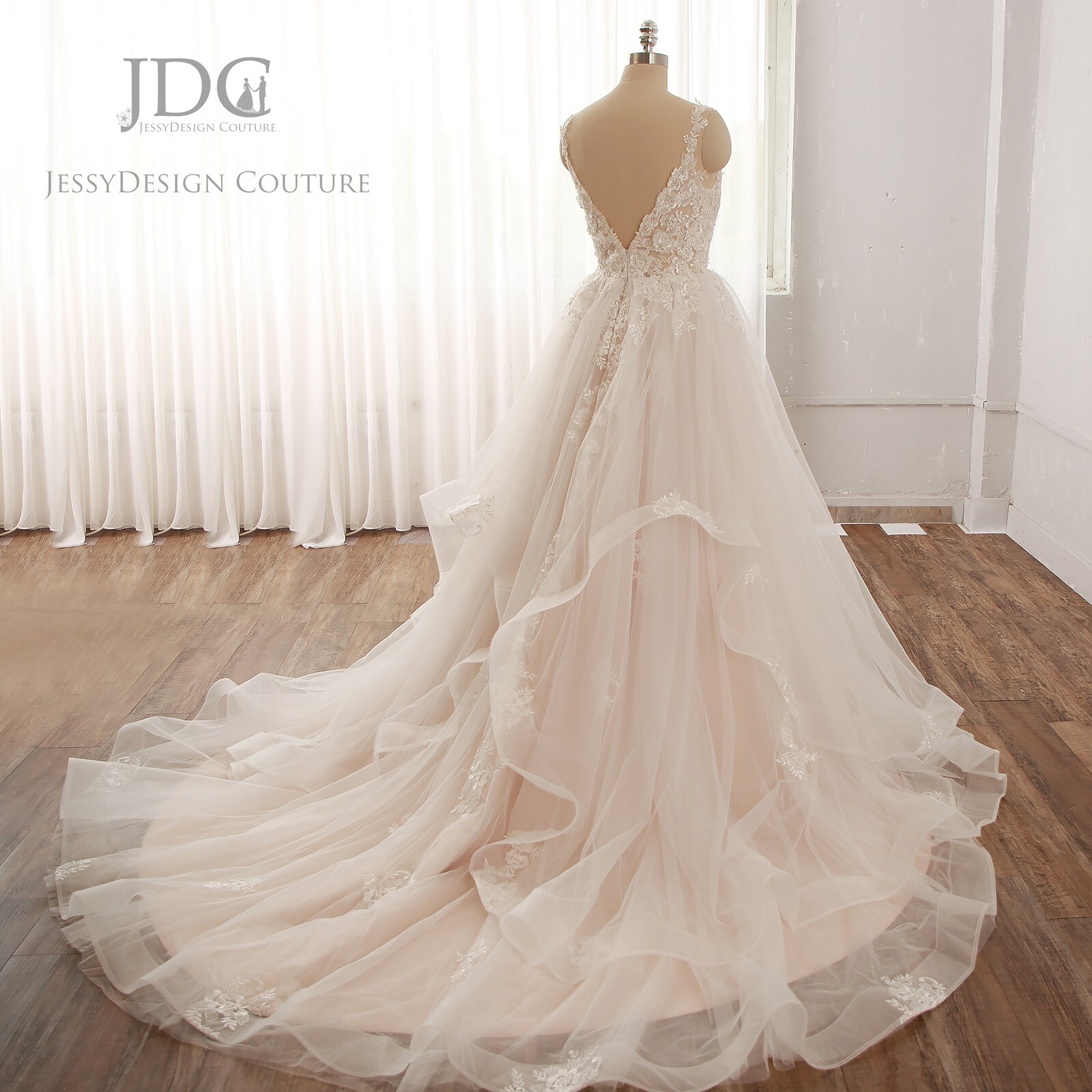 2025 Timeless Beaded Ivory Blush Lace Wedding Dress Bridal Gown 2-28W Volants