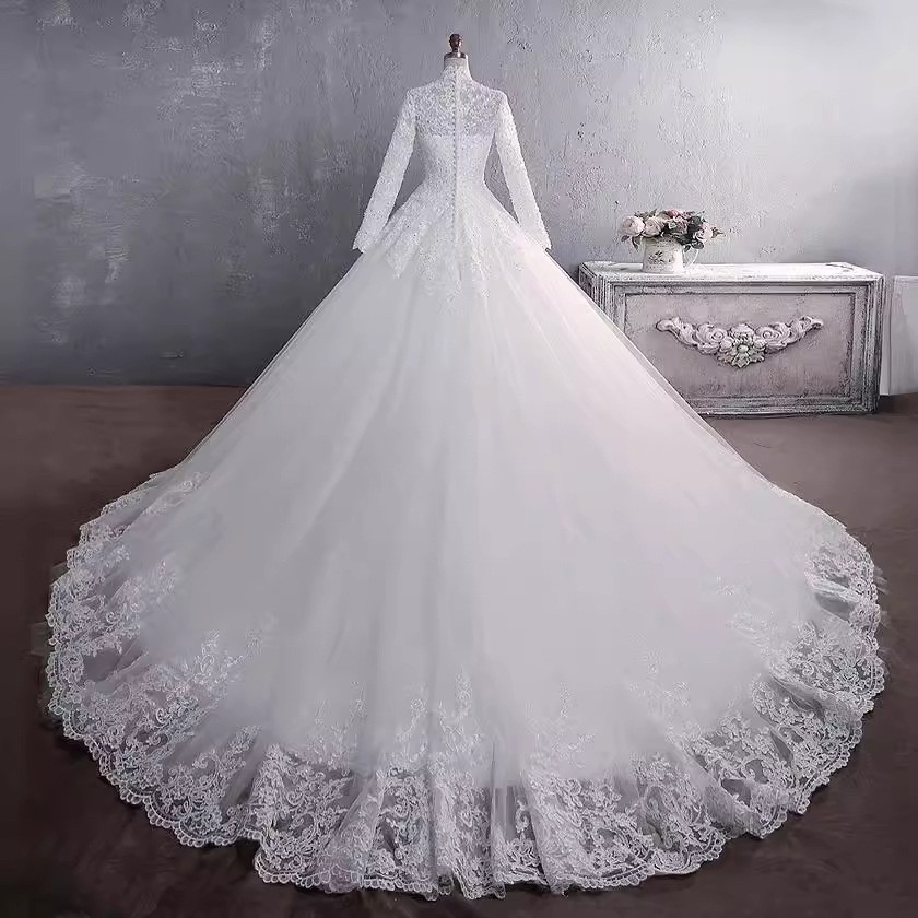 White/Ivory Lace Wedding Dresses BallGown Long Sleeve Applique BridalGown Custom