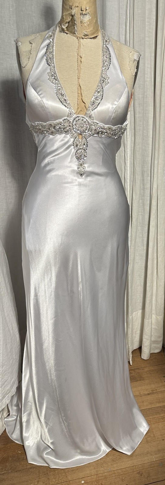 Sean Couture White Satin Silver Beads Ect. Halter L Gown/Wedding Dress SzXXS Use