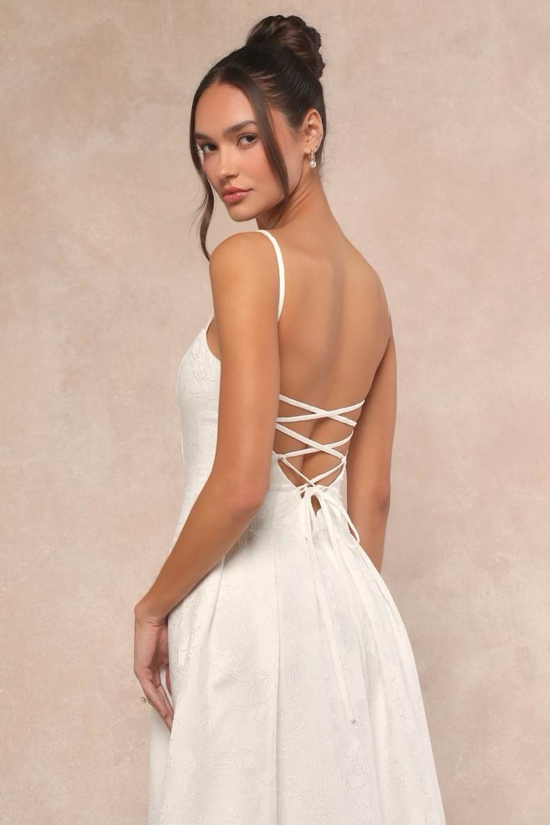 Lulus Arabella Wedding Dress Sz Small White Jacquard Lace Up Back Gown Bridal