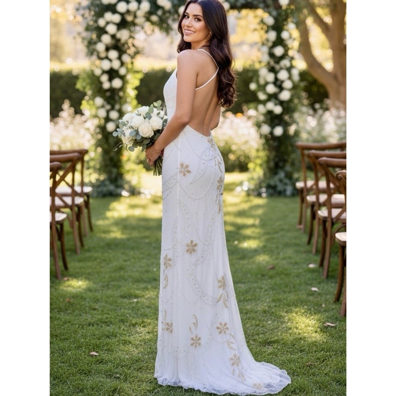 Elegant White hand Beaded Spaghetti Strap gown stretch, fabric stunning