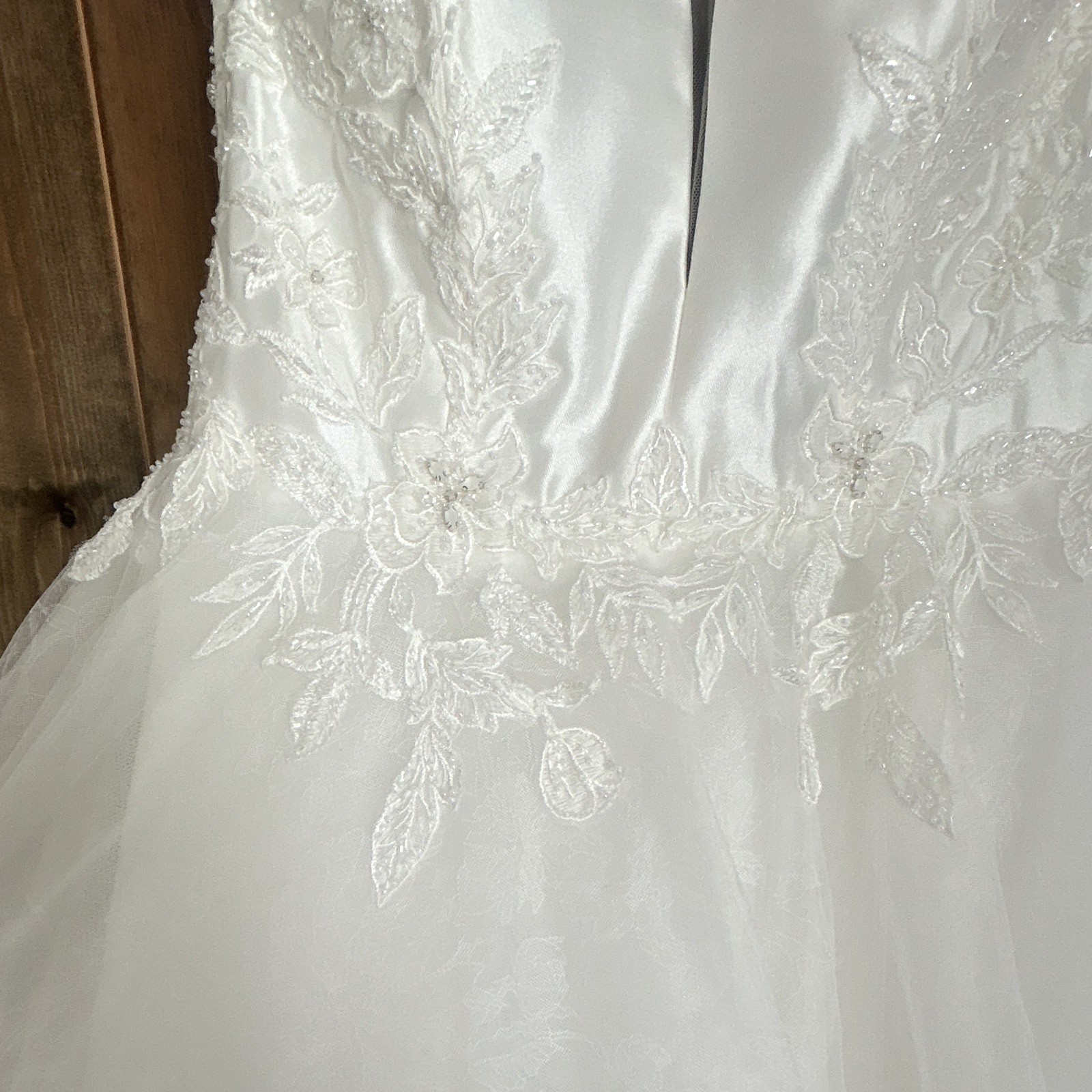 White Strapless Lace Bodice Ball Gown Wedding Dress Full-Length Corset Back