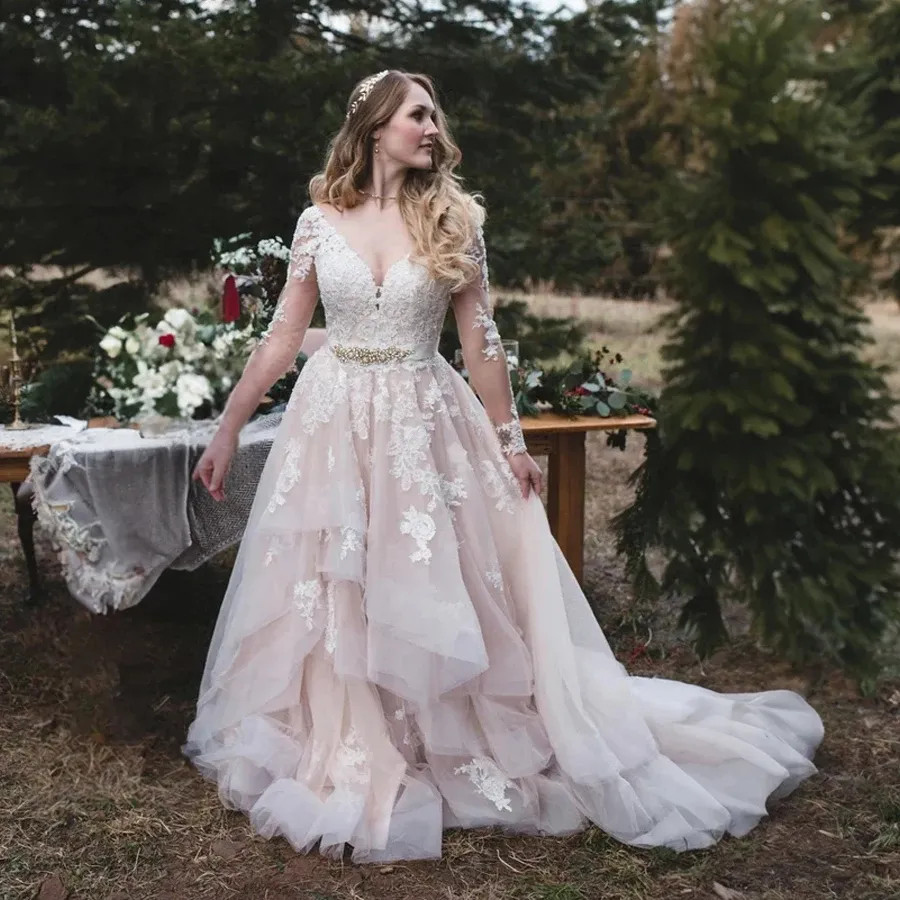 Tulle Lace Wedding Dresses Long Sleeves V Neck Tiered Rustic Forest Bridal Gowns