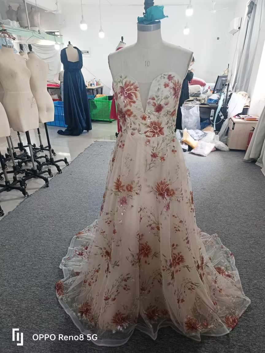 Floral Print Tulle A-Line Wedding Dresses Country Boho Bridal Gown Sweep train