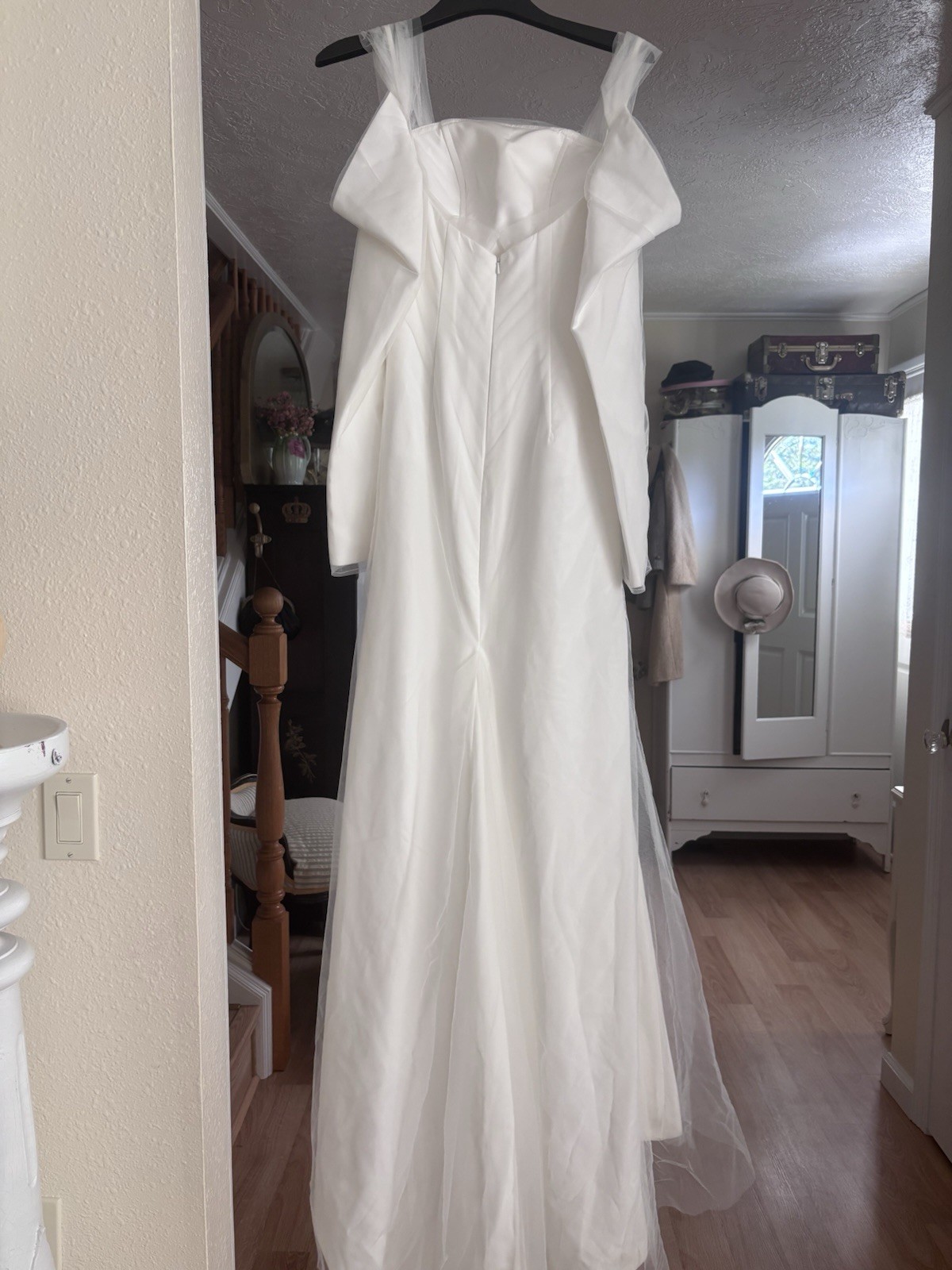 TANYA White Off-The-Shoulder Square Neck Long Sleeve Sheath Wedding Dress Train
