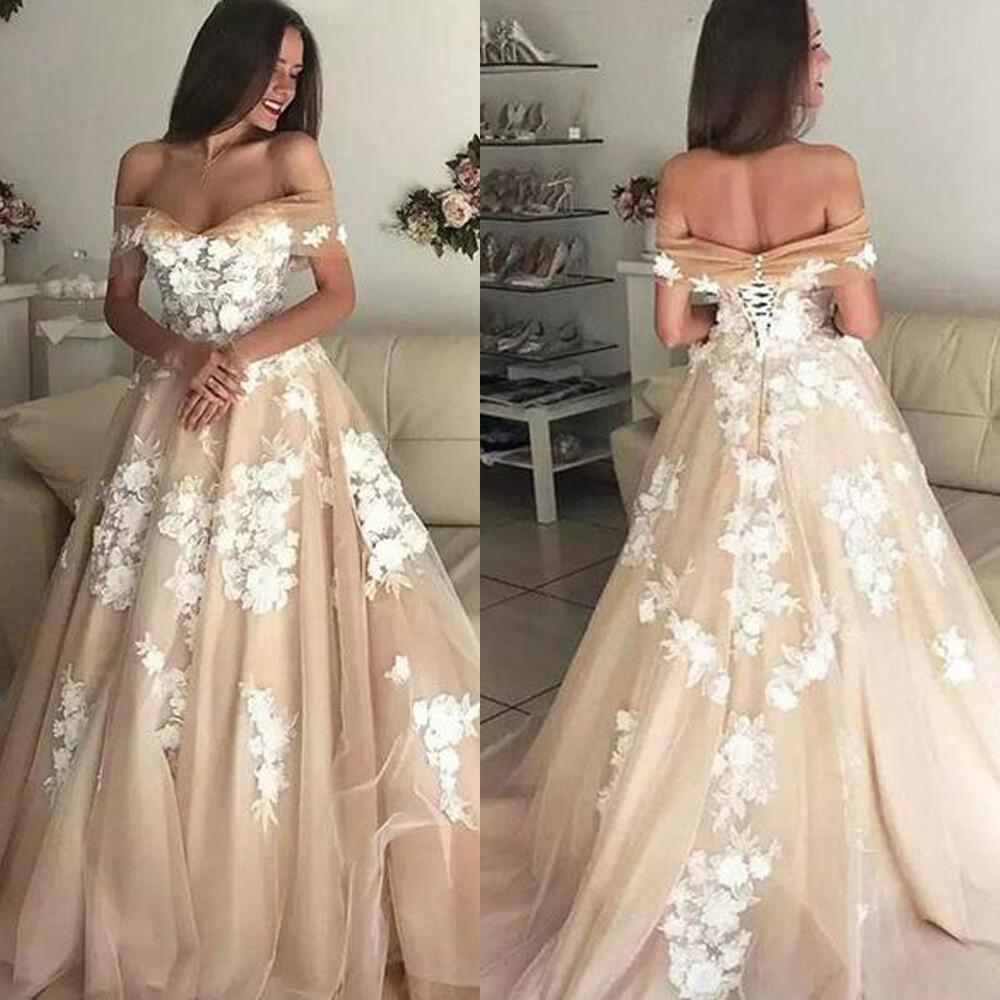 Champagne Beach Boho Wedding Dresses Off the Shoulder Lace Appliques Plus Size