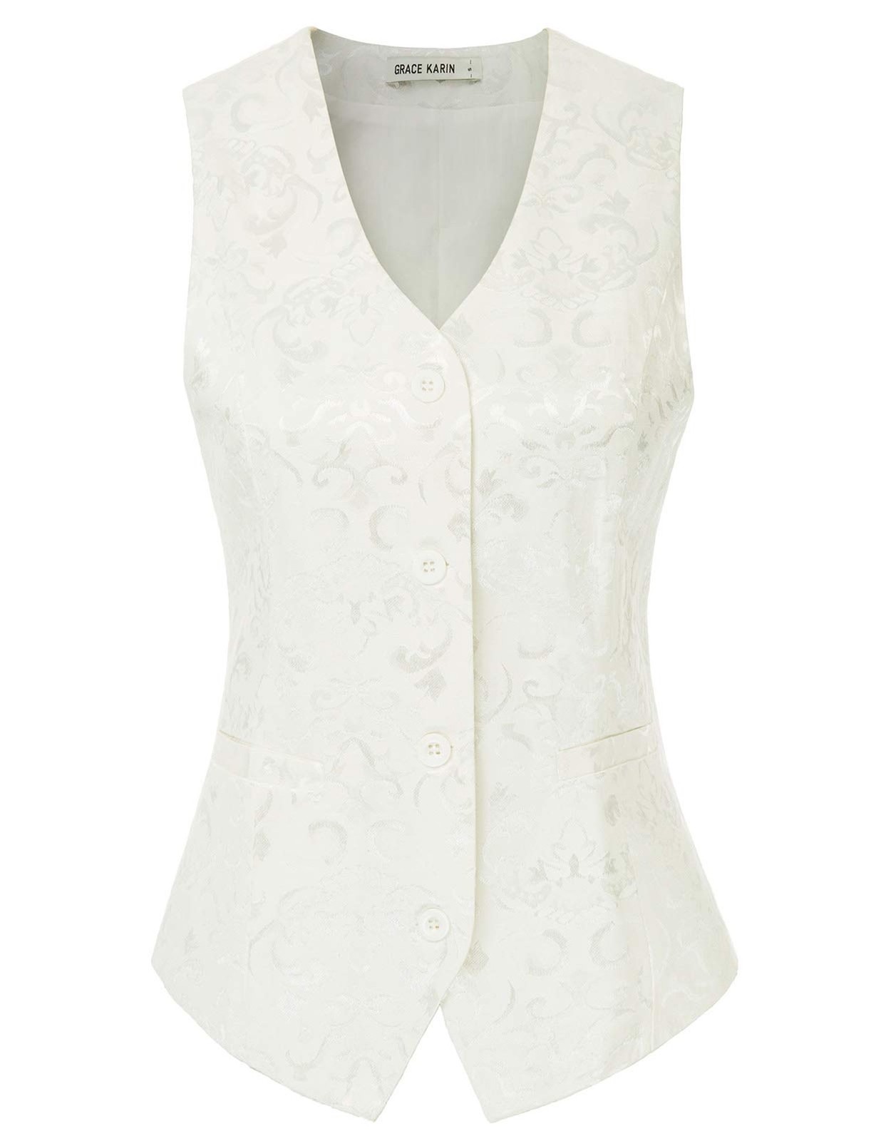 GRACE KARIN Womens Waistcoat Vest Vintage Steampunk Dress Jacquard Jacket White