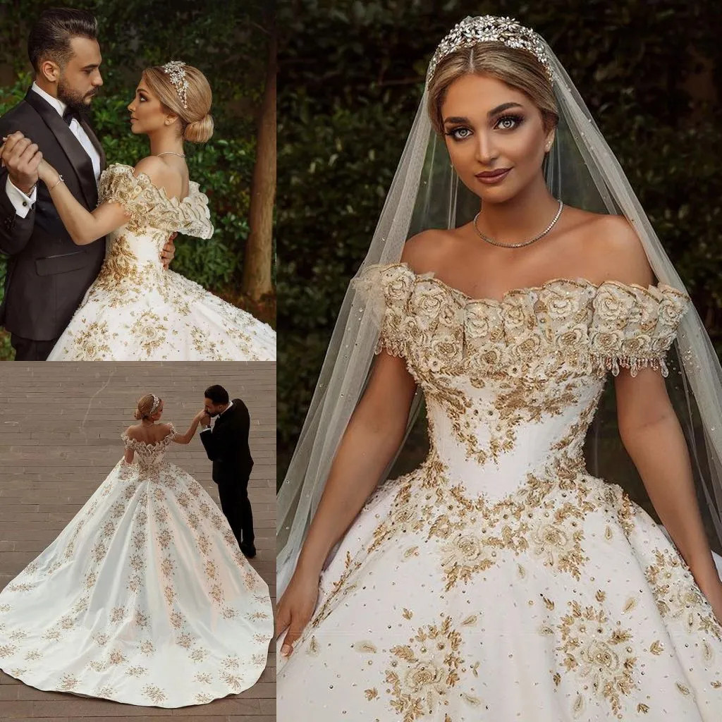 Luxury Wedding Dresses Crystal Beading 3D Floral Appliques Bridal Gown Princess