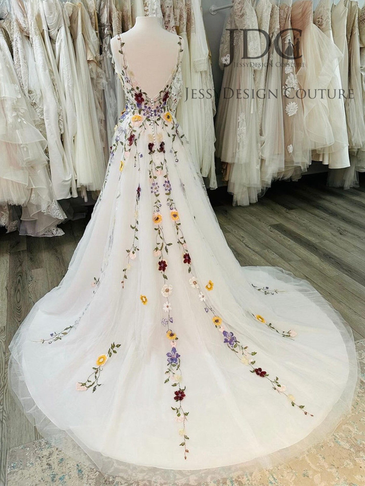 Garden Wedding Bridal Gown Custom Made 32-60 Coloured Lace Leaf Straps