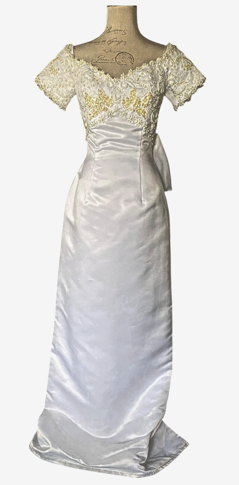 Oleg Cassini Wedding Dress Bridal Gown Size 4 White Gold Beaded Back Bow