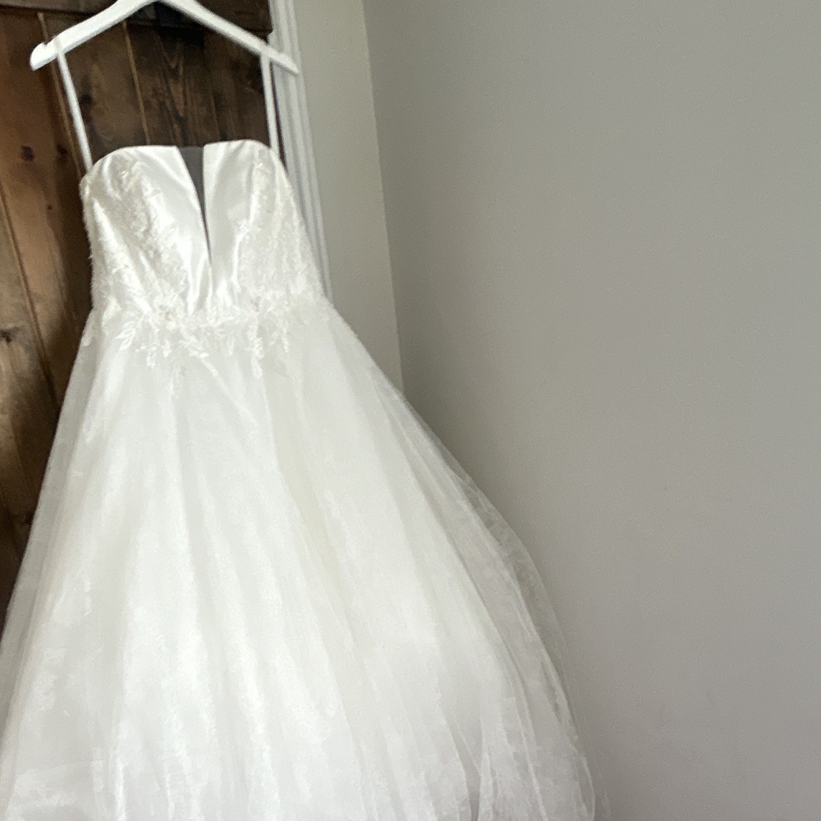 White Strapless Lace Bodice Ball Gown Wedding Dress Full-Length Corset Back
