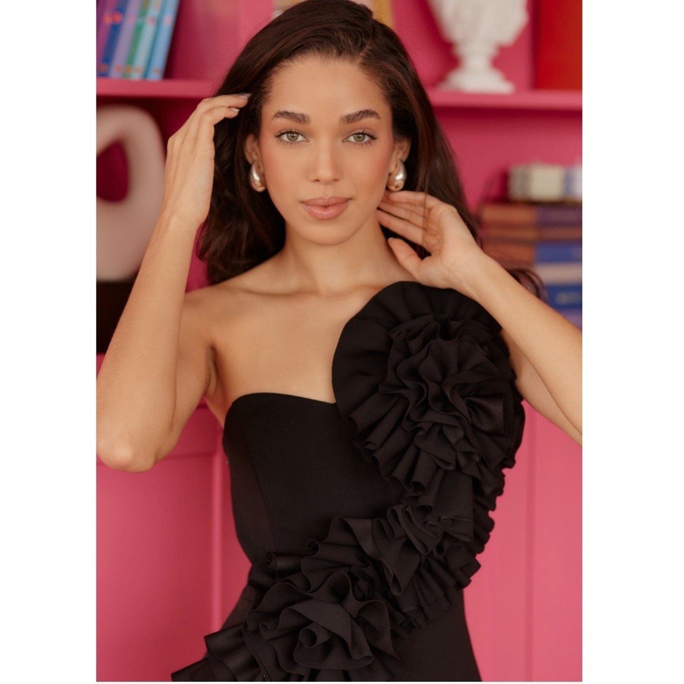 Betsy & Adam Rosette One Shoulder Trumpet Gown, Black, Size 12, NWT