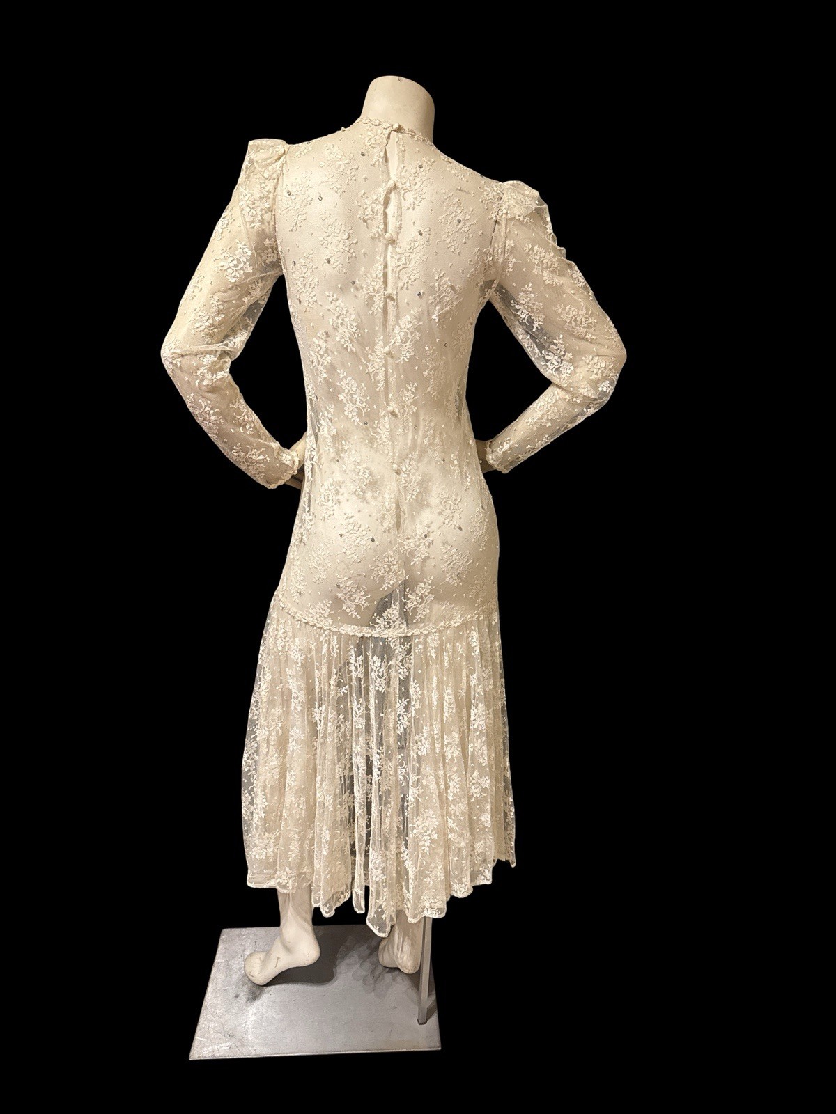 Vintage 80s Ivory Lace Dress Semi Sheer Tea Dress Edwardian Style Long Sleeve M