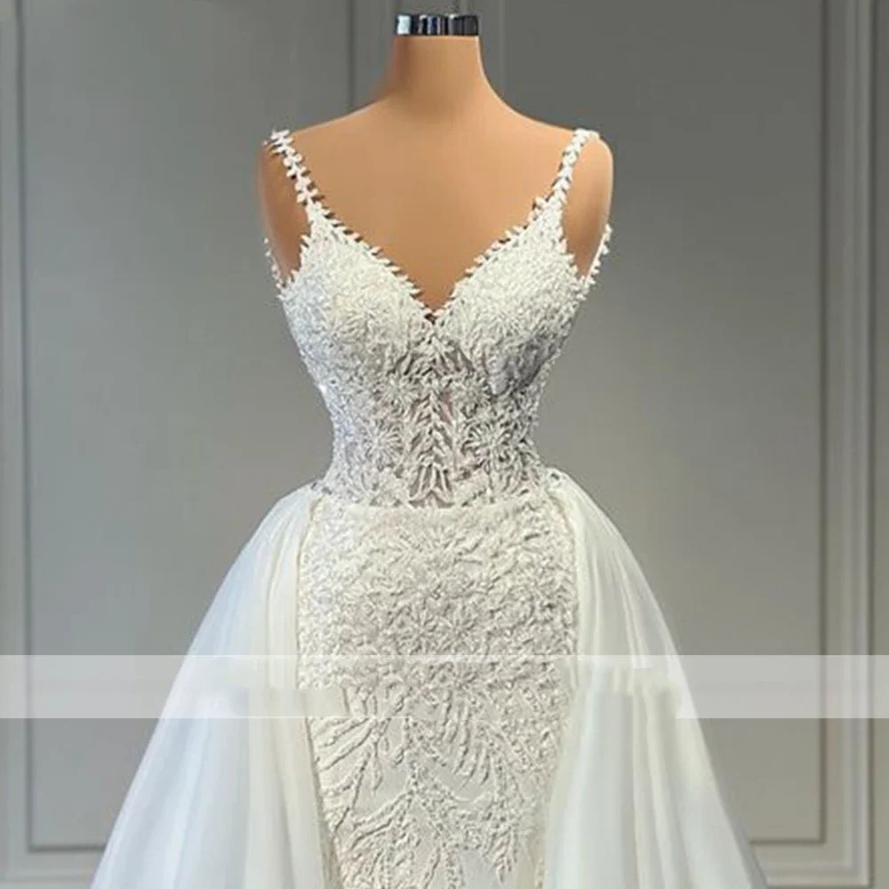 Customized V Neck Mermaid Lace Wedding Dresses Sleeveless Illusion Beaded Satin