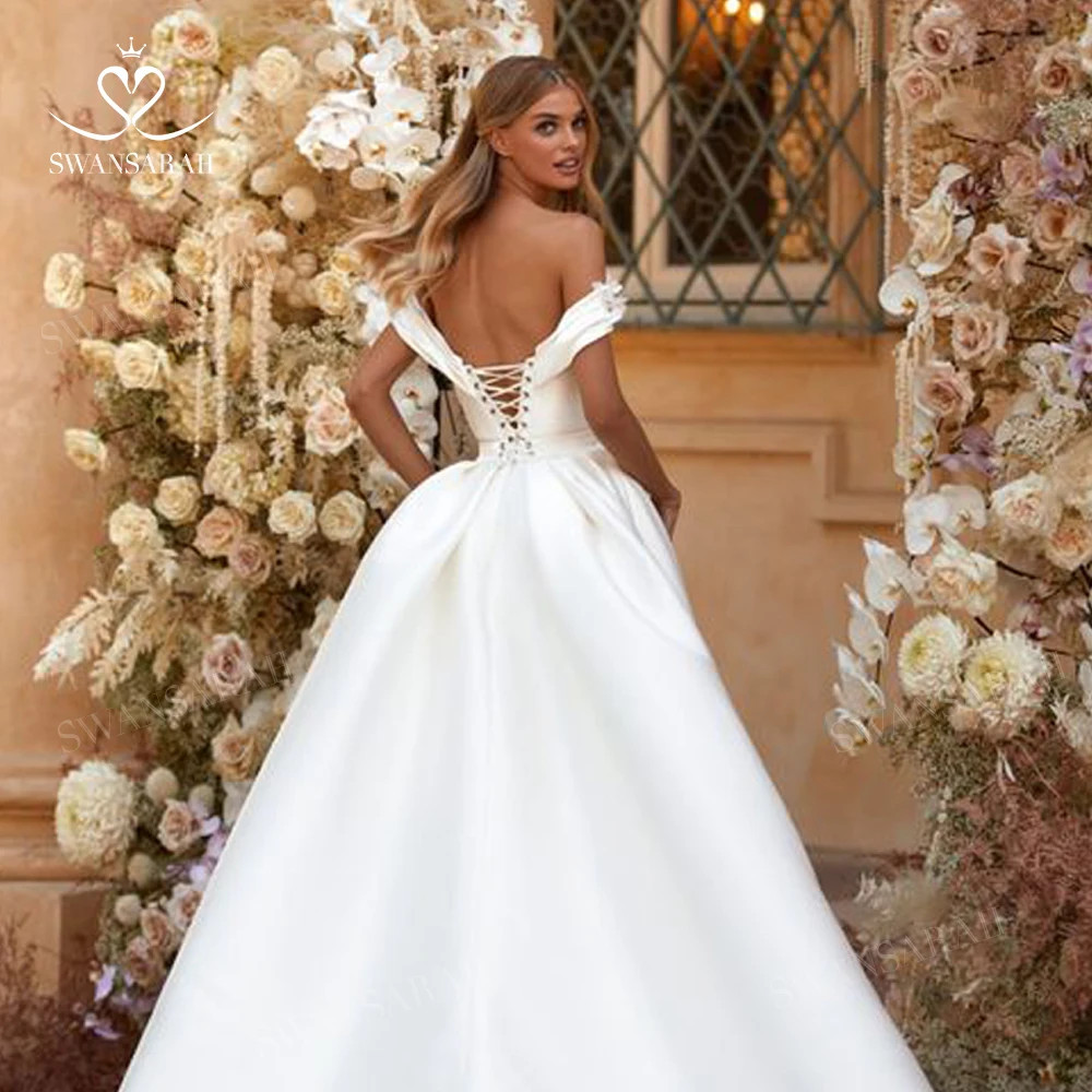 3D Flowers Mermaid Wedding Dress Off Shoulder Satin Detachable Train customized