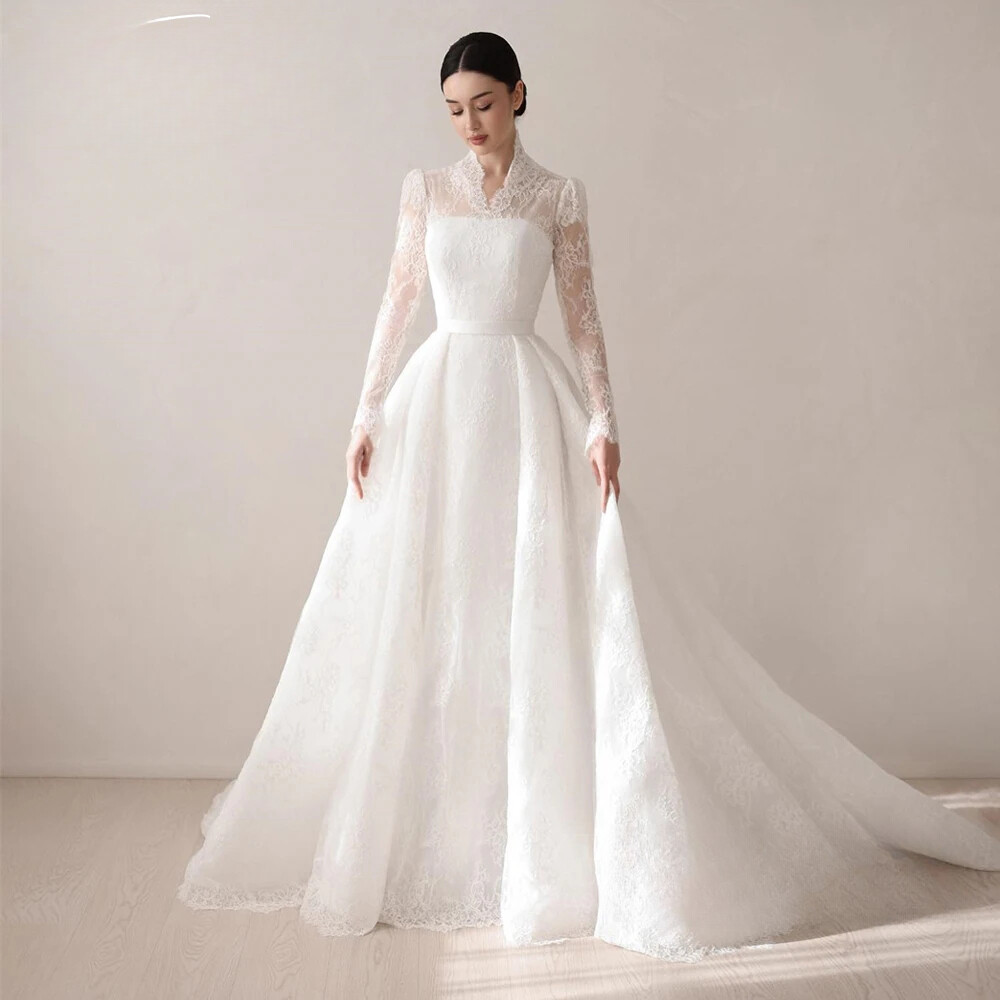 High Neck Lace Wedding Dresses Long Sleeves Appliques Buttons Back Bridal Gowns