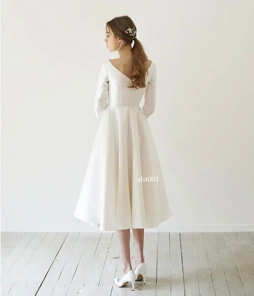New Simple Wedding Dresses Satin Tea Length with Sleev Robe-de-mariee China