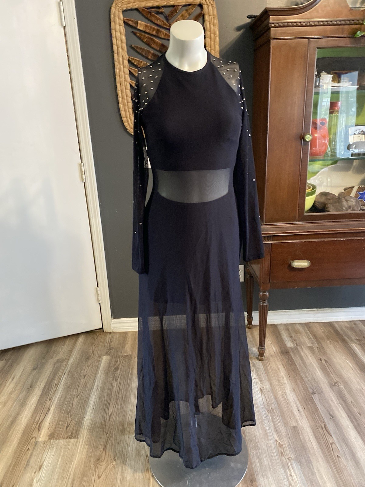 Vintage Tadashi Long Sleeve Rhinestone Studded Mesh Illusion Maxi Dress S