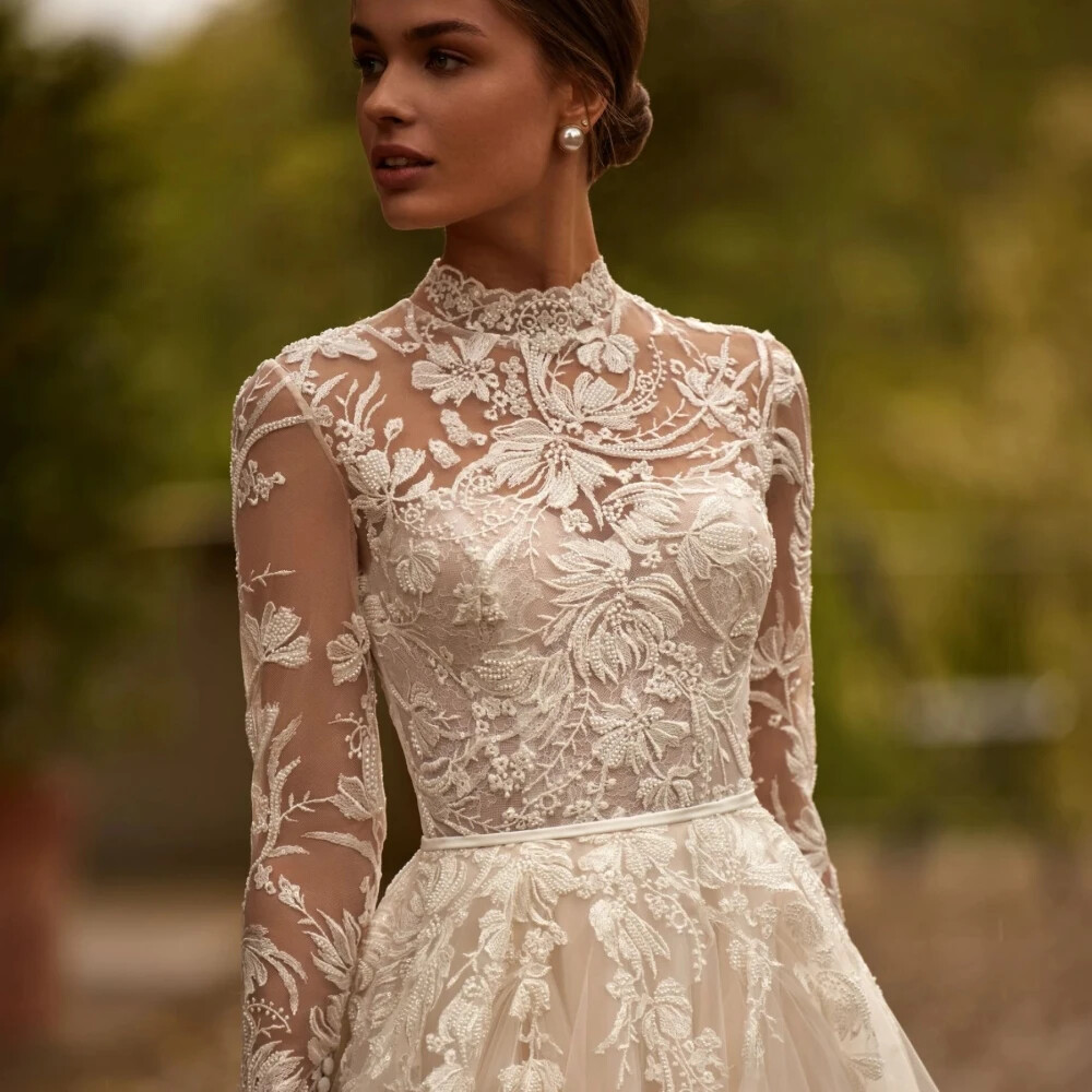 High Neck Long Sleeve Lace Wedding Dresses A-Line Tulle Bridal Gown With Train