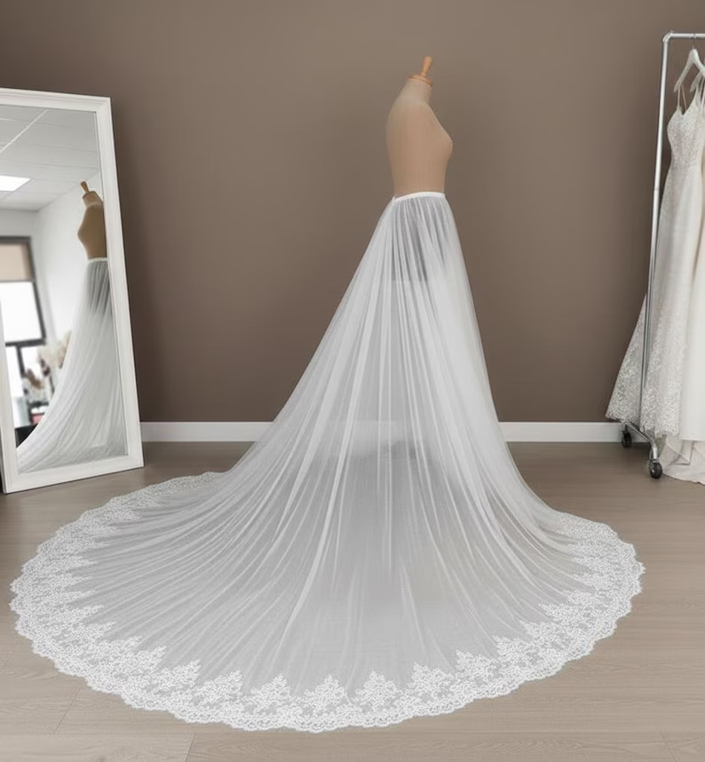 Wedding Detachable Train White Ivory Lace Applique Bridal Removable Overskirt