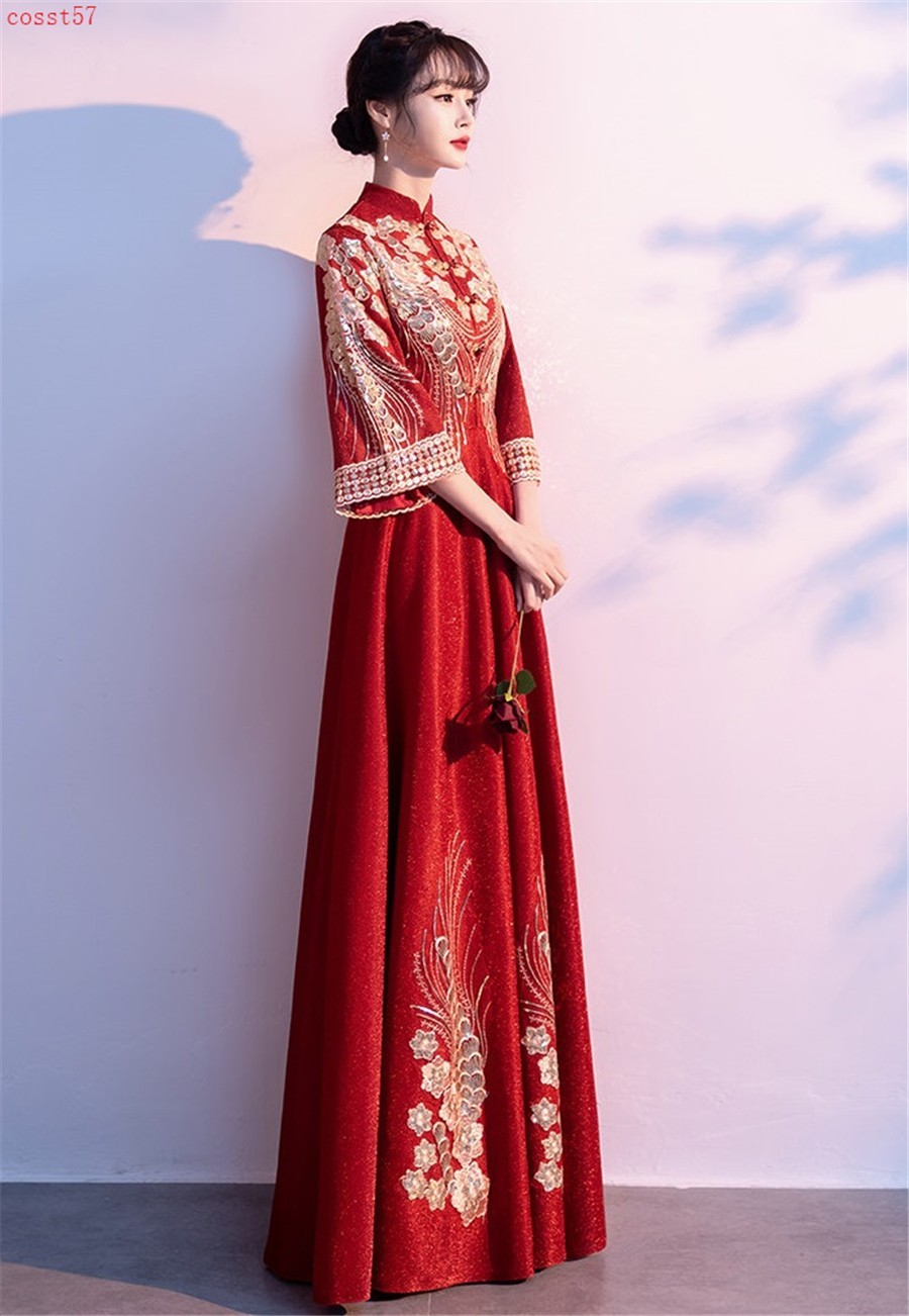 High-End Chinese Traditional Bride’s Wedding Dress Women’s Embroidery Cheongsam
