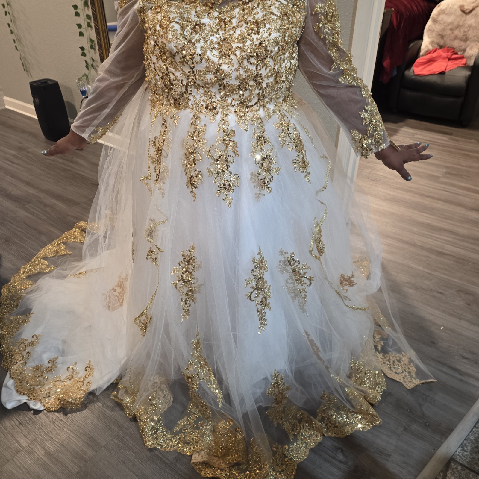 Handmade White/Gold Beaded Embroidered Tulle A-Line Long Sleeve Train Dress