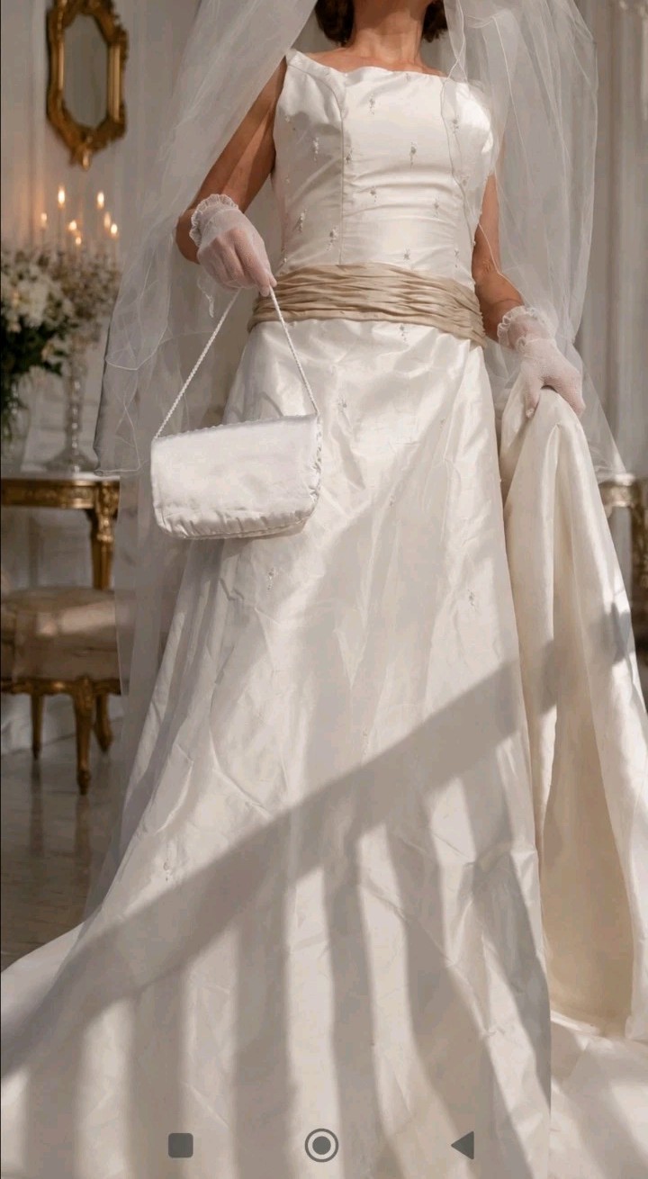 New Wedding Dress Gown M Veil Purse Gloves Long Train Ivory Cream Beaded Corset