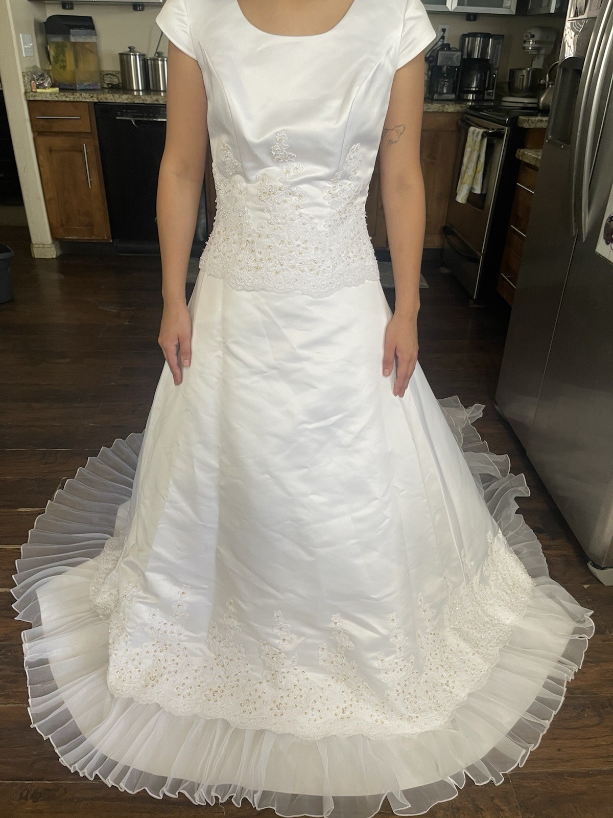 Eternity White Satin A-Line Wedding Dress Scoop Neck Cap Sleeve Lace Train 6