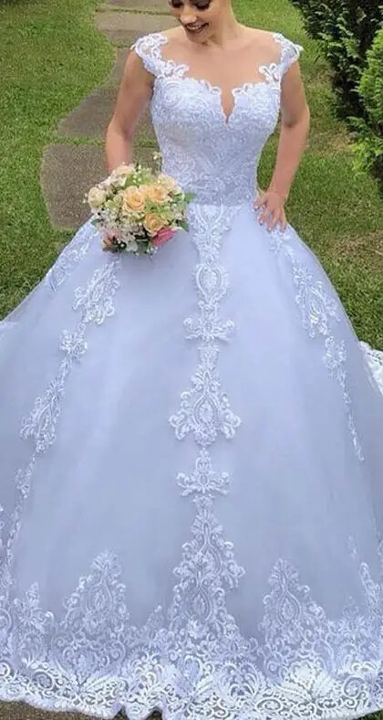 New White/Ivory WeddingDresses V-neck Lace Applique Train BridalGown Custom Size