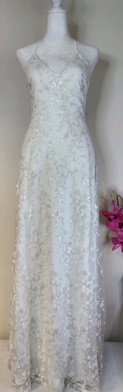 Lulus Magically Charming White Sequin Embroidered Lace-up Maxi Wedding Dress