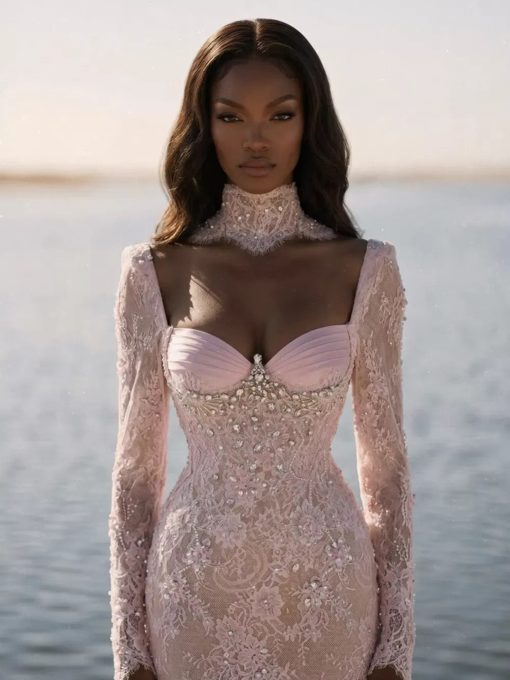 Luxury Mermaid Wedding Dress Square Neck Long Sleeves Lace Crystals Bridal Gowns