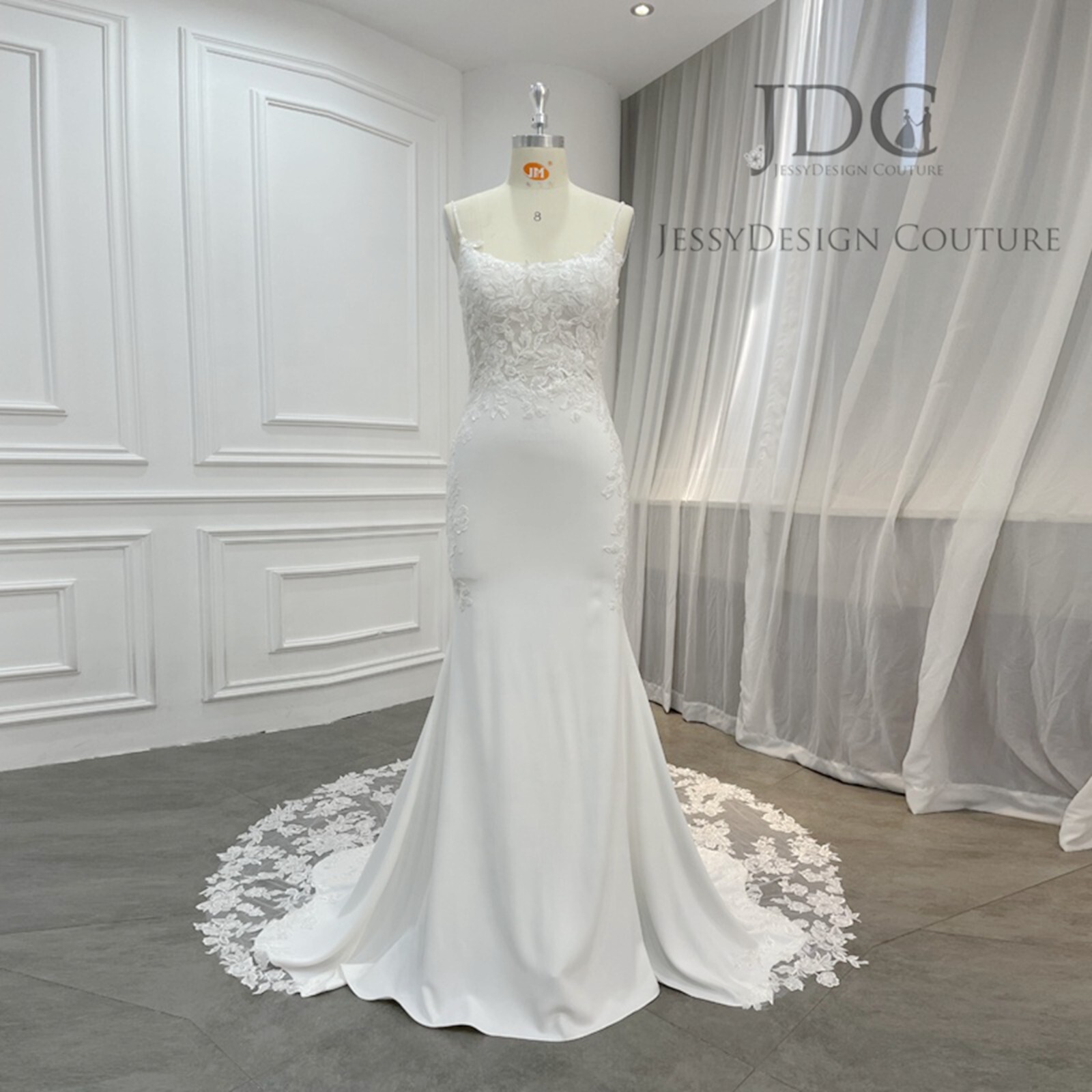 Crepe Plunging Lace Wedding Dress Bridal Gown Custom made Cut-out-train Ivory