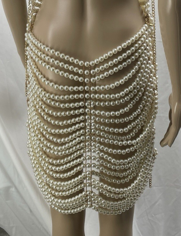 Beaded Metal Mesh Backless Pearl Dress Retro Sexy Fashion Body Chain Adjustable