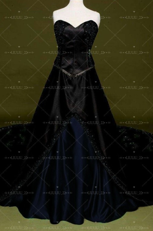 Gothic Black and Green Satin Wedding Dresses Sweetheart Embroidery Bridal Gowns