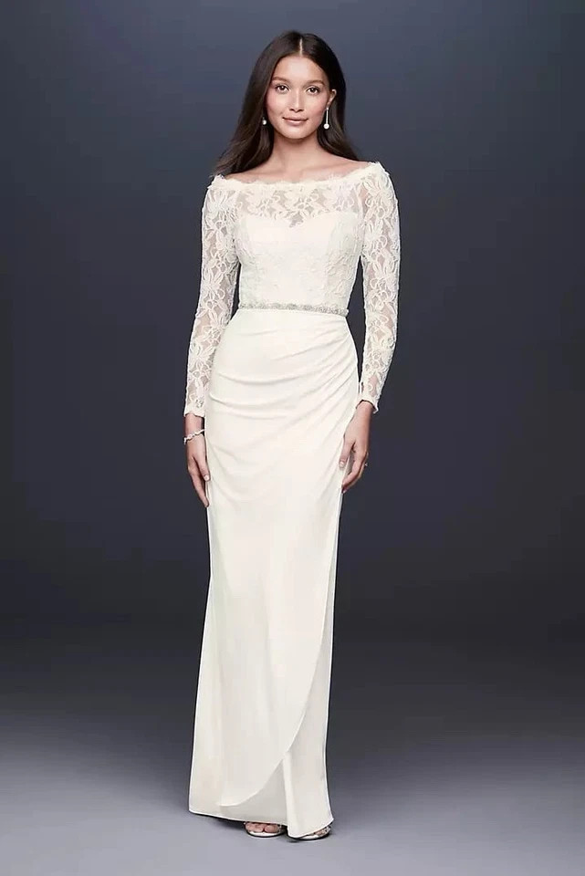 David’s Bridal Ivory Lace Off-Shoulder Long Sleeve Wedding Dress -Size 10- New!