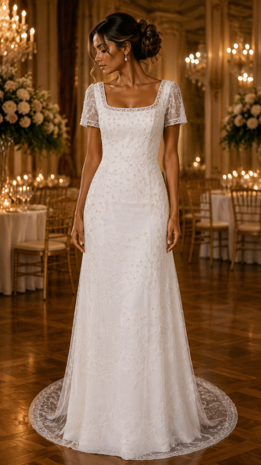 Private Collection Wedding Dress 6 Ivory Tulle Lace Gold Sequins White Beads New