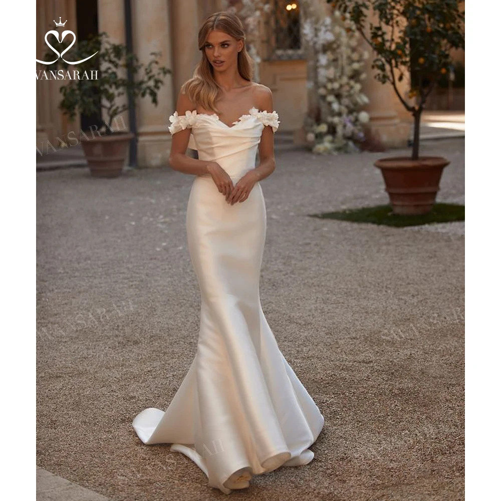 3D Flowers Mermaid Wedding Dress Off Shoulder Satin Detachable Train customized