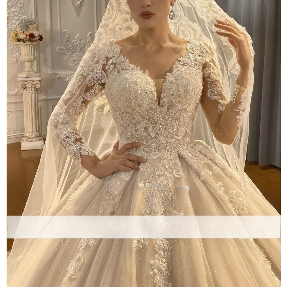 Long Sleeve V Neck Lace Ball Wedding Dresses Glitter Tulle Cathedral Train Gowns