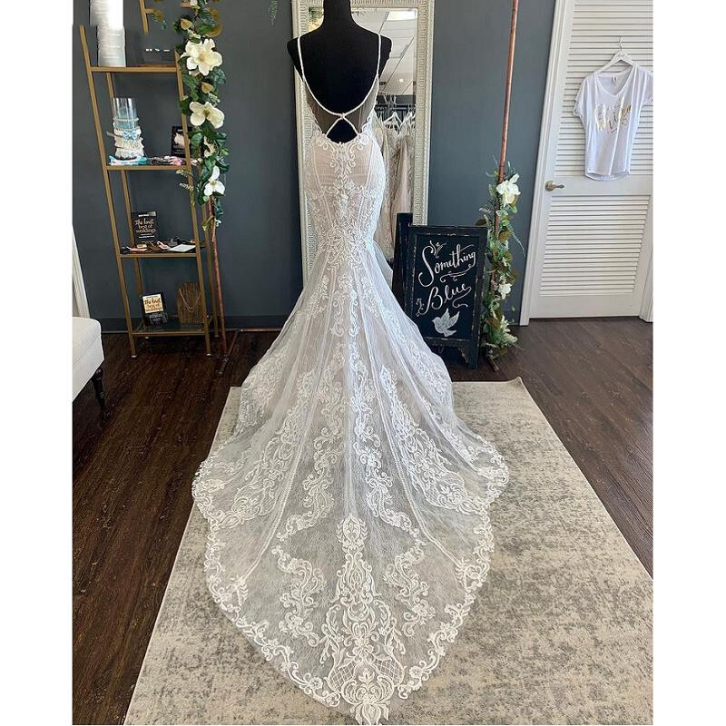 Mermaid Wedding Dresses Straps Backless Lace Appliques Sweep Train Bridal Gowns